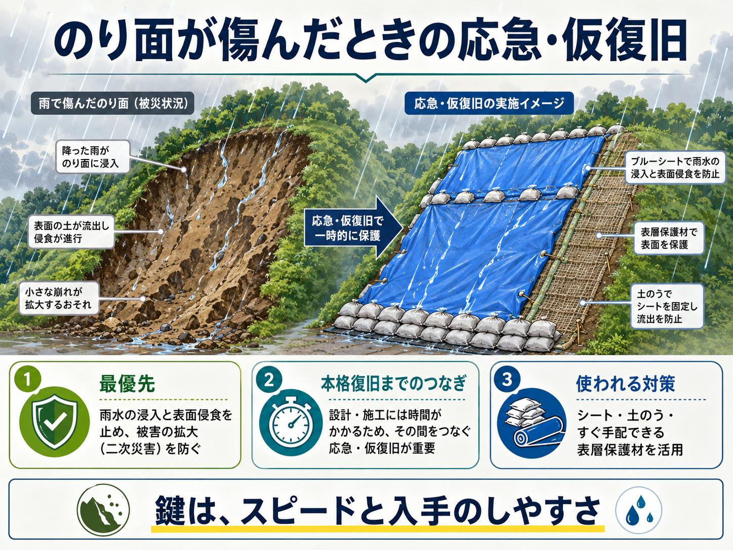 のり面が傷んだときの応急・仮復旧