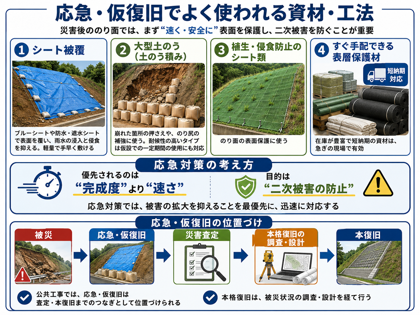 応急・仮復旧でよく使われる資材・工法