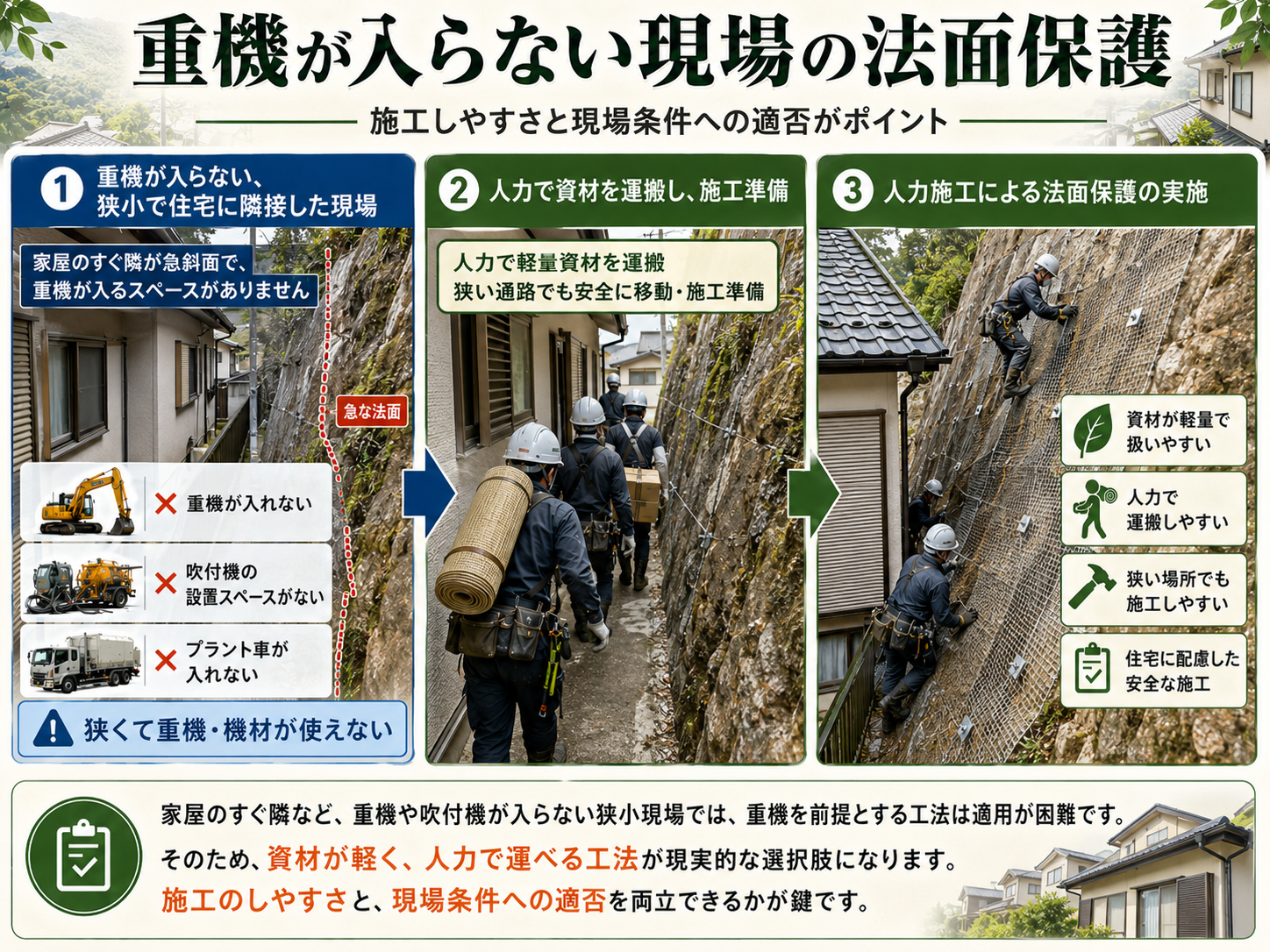 人力で施工できる工法が現実的