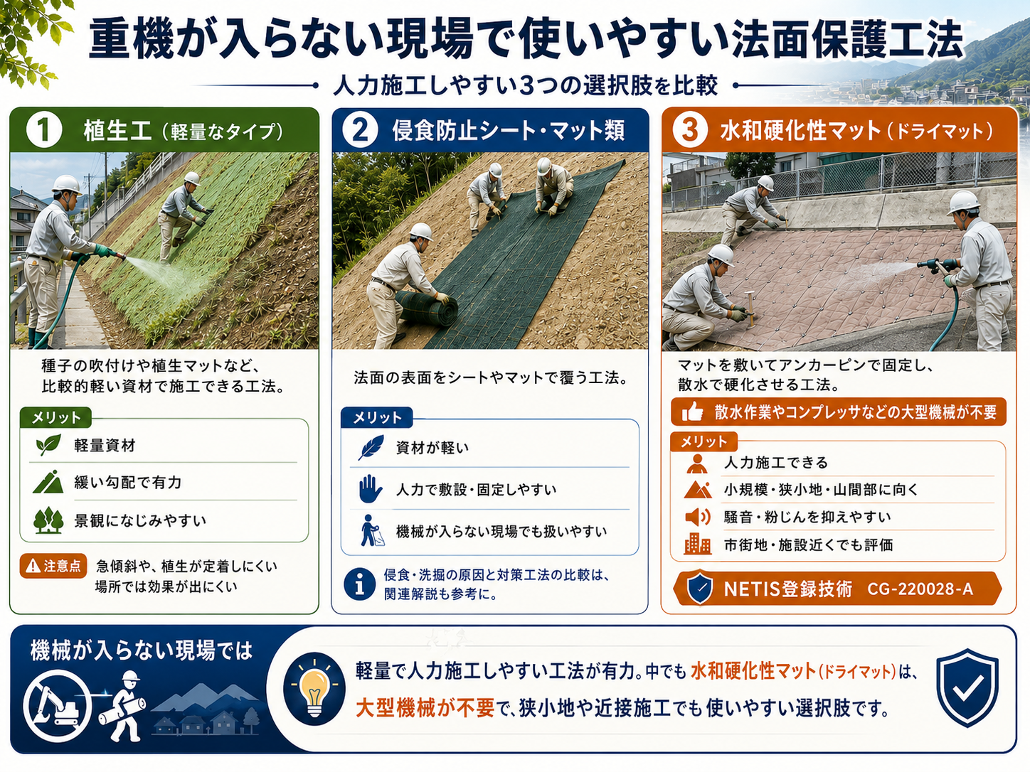 重機が入らない現場で使いやすい法面保護工法