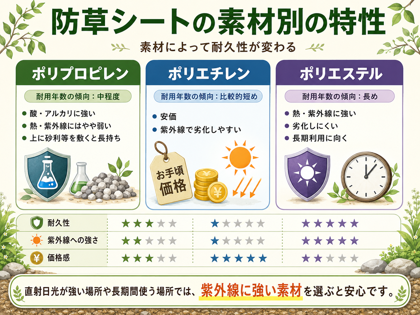 防草シートの素材別の特性